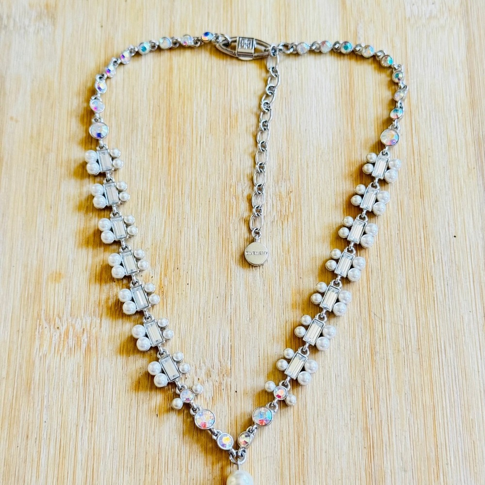 Givenchy Chandelier Necklace Aurora Borealis Crystal Rhinestone Pearl Tassel 18" - Picture 3 of 6